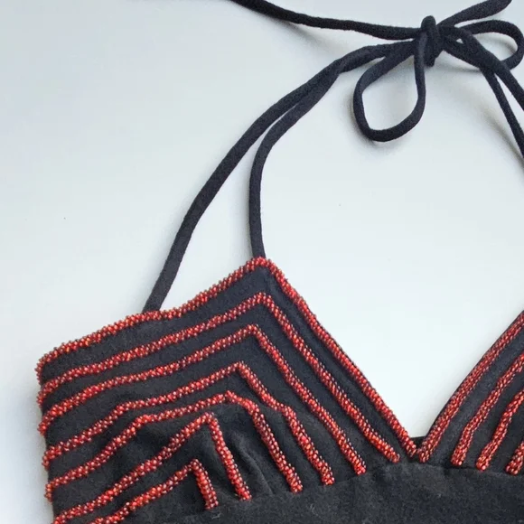 Hunza G Vintage Black With Crimson Beading Double Halter Strap Mini Dress - Picture 10 of 15